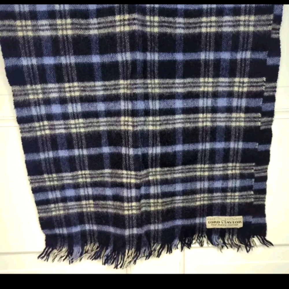 Vintage Men's Blue Plaid Scarf With Fringe- by Lord & Taylor - made in Scotland